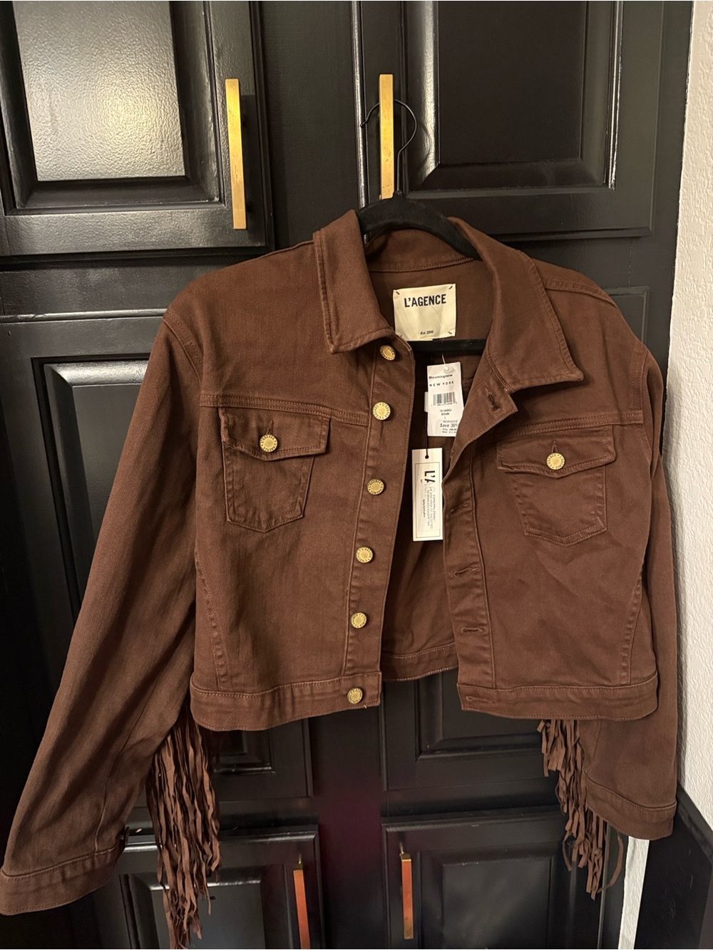 L'AGENCE koda Brown Cropped Fringe Jean Jacket size large